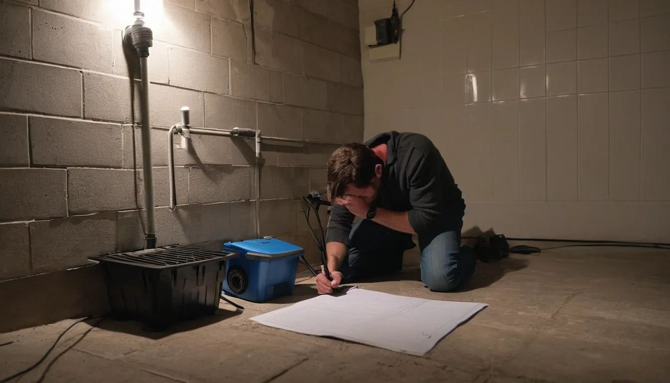 A homeowner checking a basement drain in the Wixom area