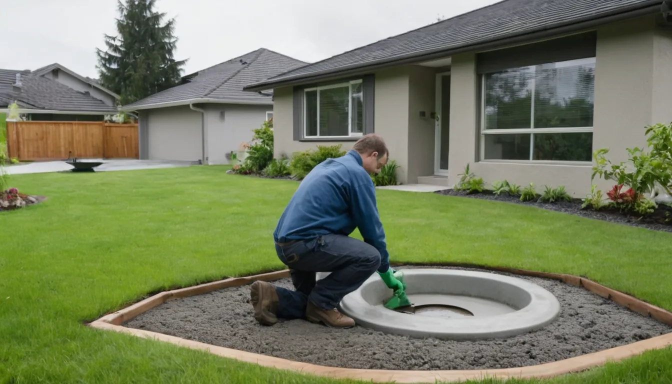 Septic provider inspecting an open tank lid in a Wixom backyard