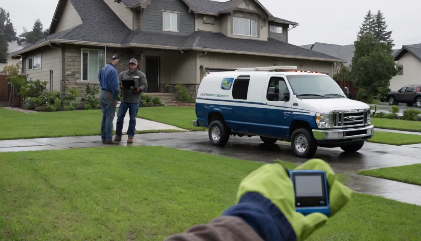 Homeowner and a sewer line provider reviewing a camera inspection screen beside a yard in Wixom